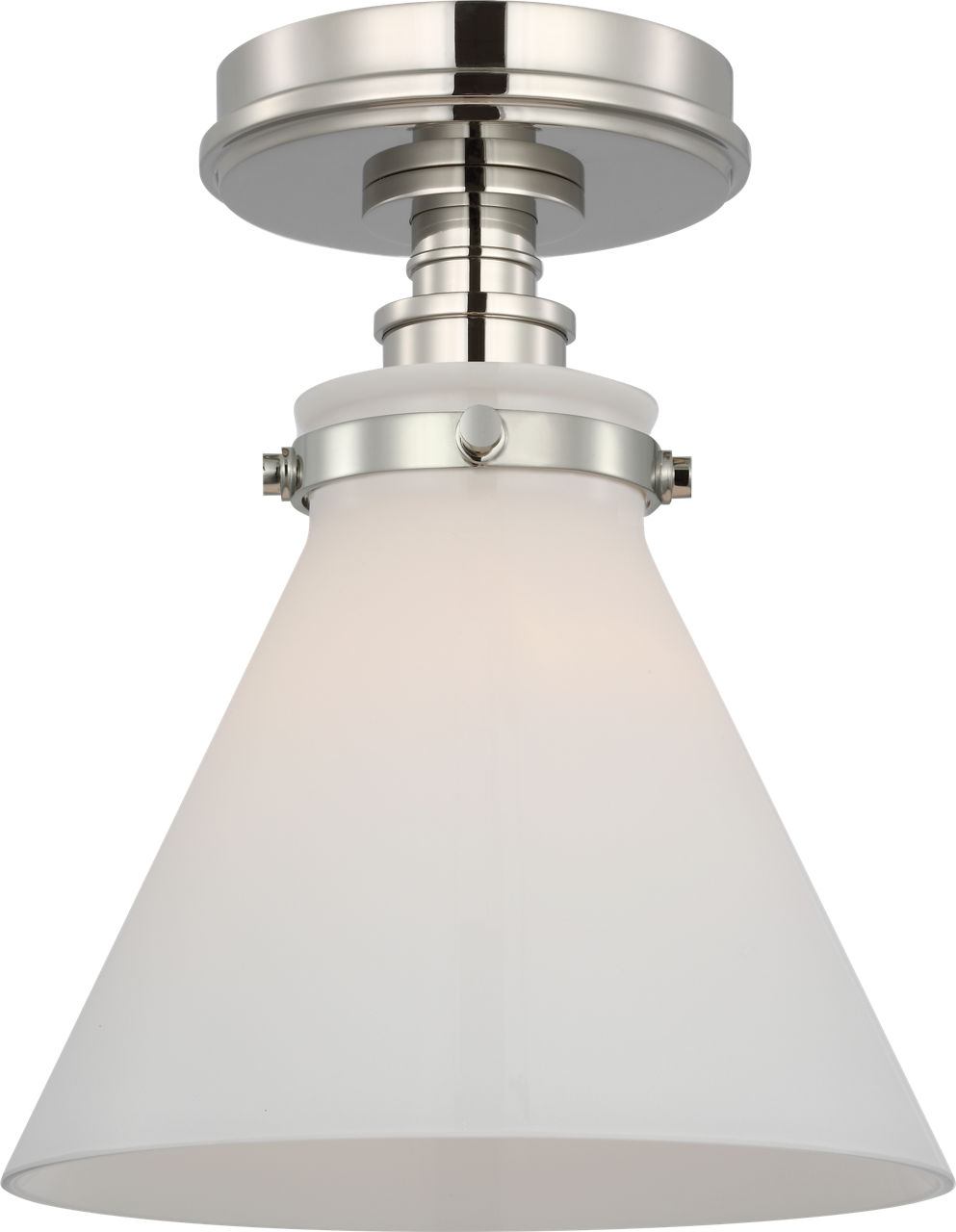 Parkington 9" Conical Flush Mount in Polished Nickel with White Glass