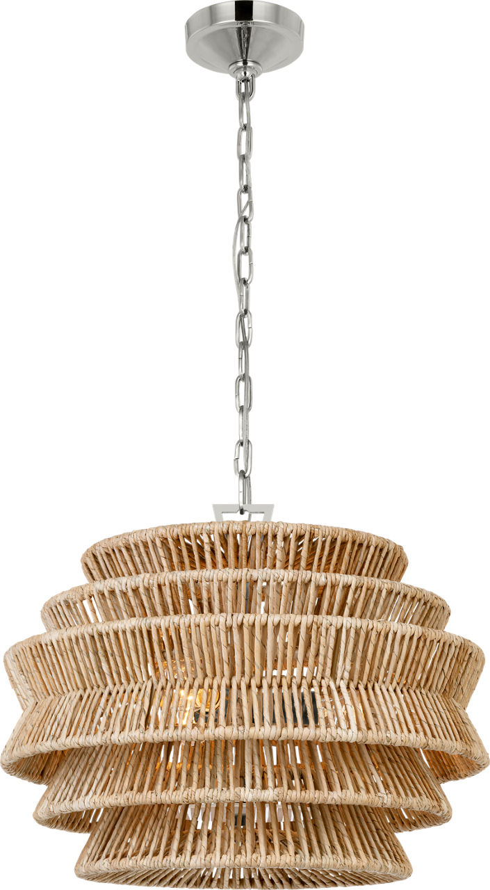 Antigua Small Drum Chandelier in Polished Nickel and Natural Abaca