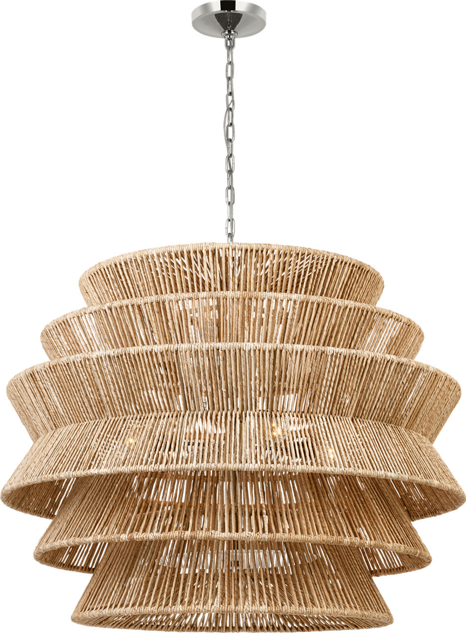 Antigua XL Drum Chandelier in Polished Nickel and Natural Abaca
