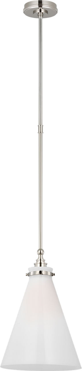 Parkington 11" Conical Pendant in Polished Nickel with White Glass