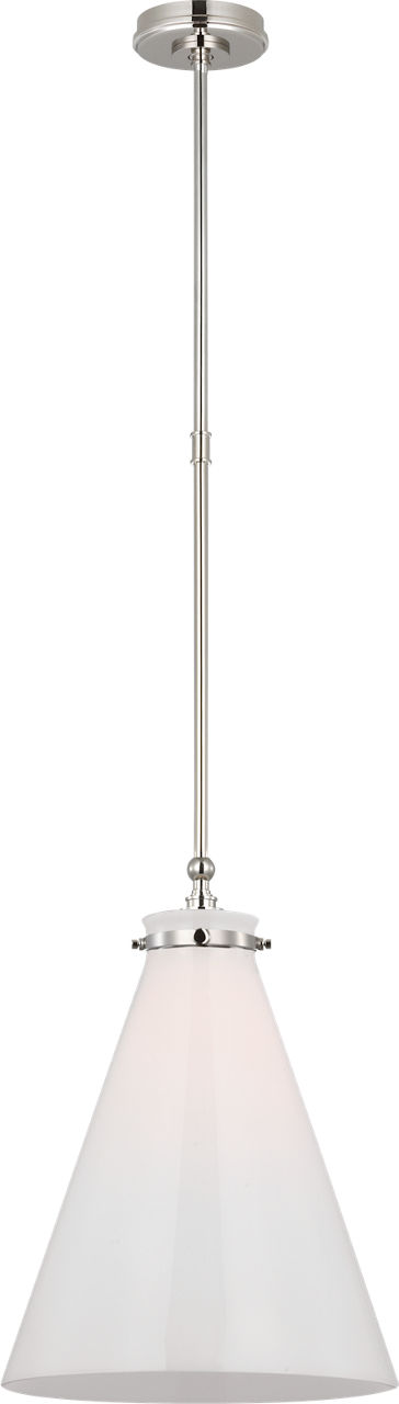 Parkington 15" Conical Pendant in Polished Nickel with White Glass