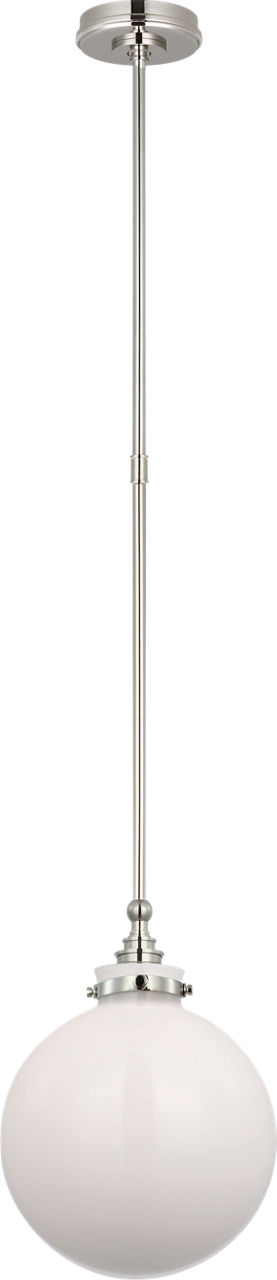 Parkington 10" Globe Pendant in Polished Nickel with White Glass