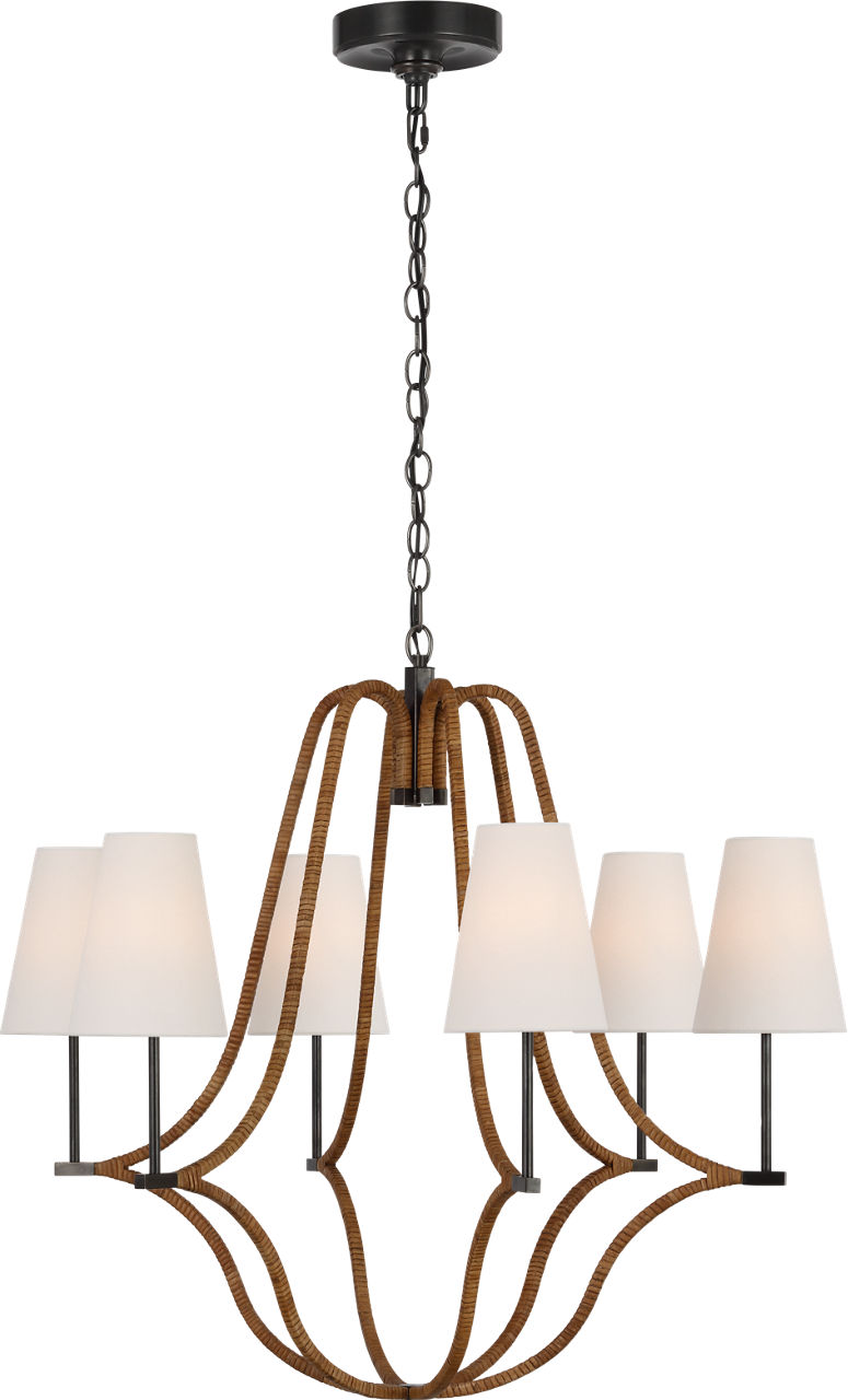 Biscayne Large Wrapped Chandelier in Bronze and Natural Rattan with Linen Shades