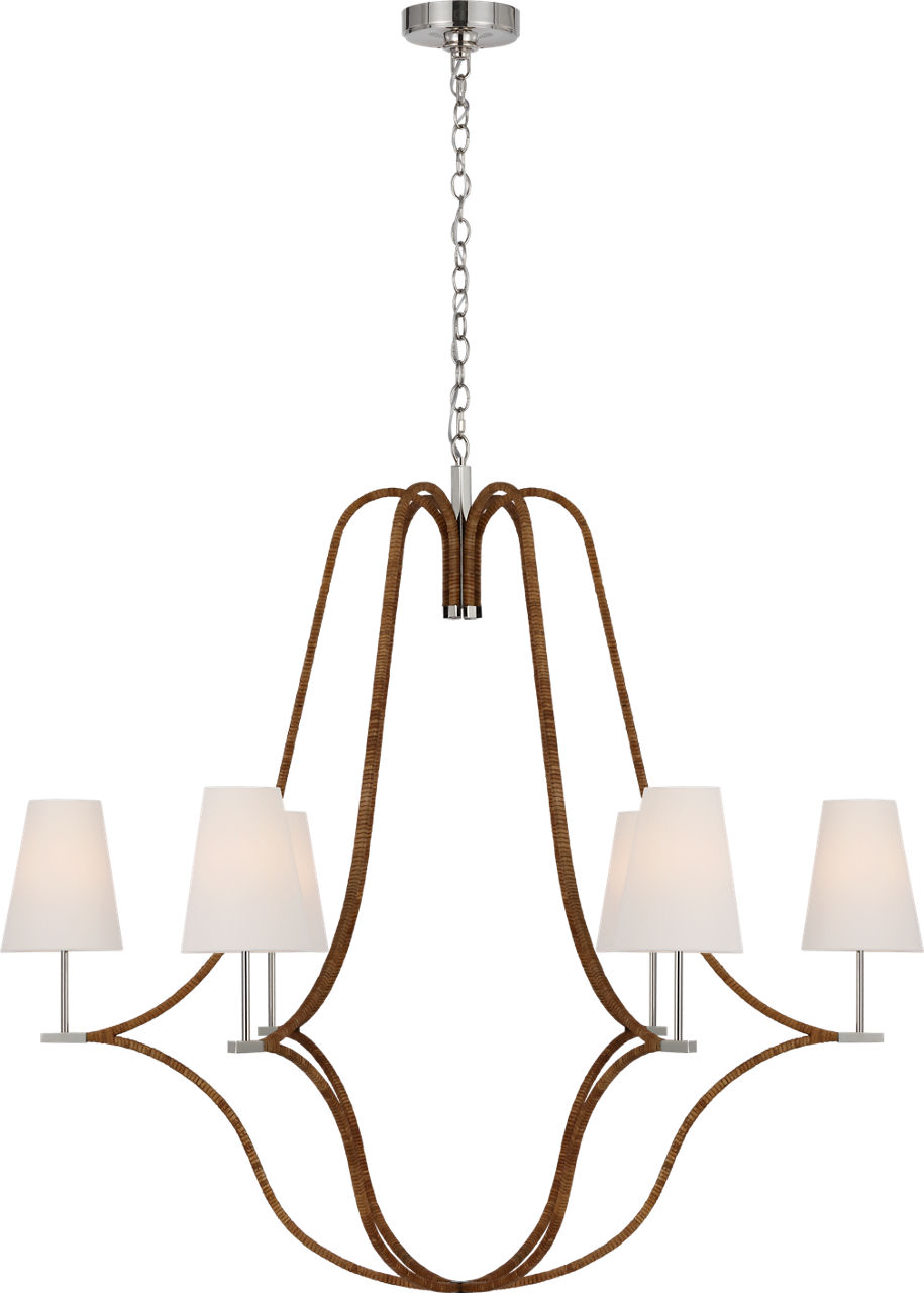 Biscayne Extra Large Wrapped Chandelier in Polished Nickel and Natural Rattan with Linen Shades