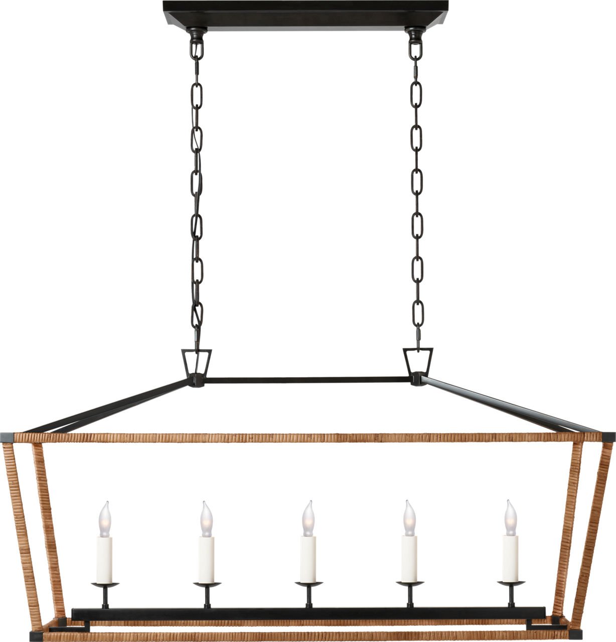 Darlana Medium Rattan Wrapped Linear Lantern in Aged Iron and Natural Rattan