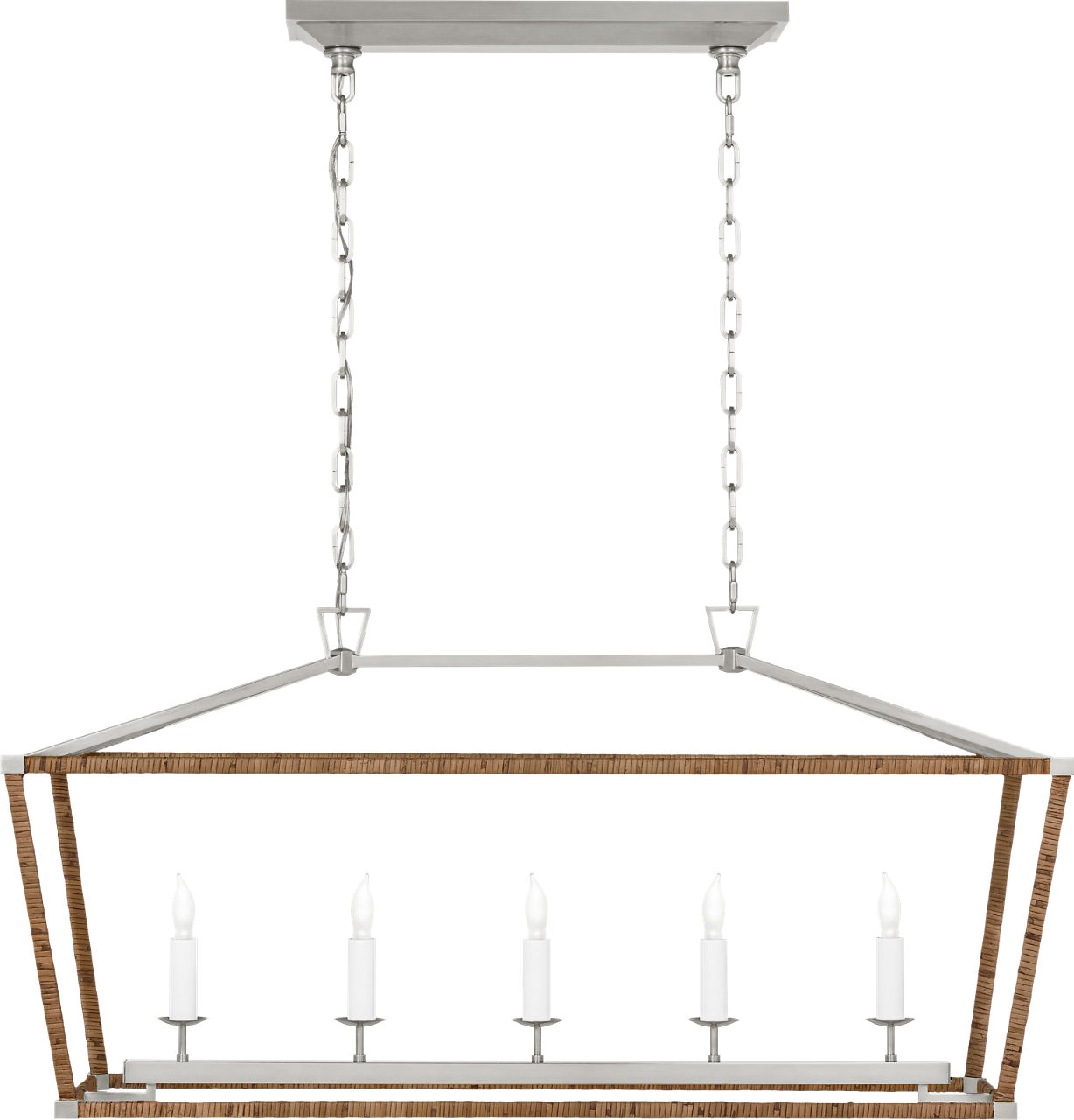 Darlana Medium Rattan Wrapped Linear Lantern in Polished Nickel and Natural Rattan