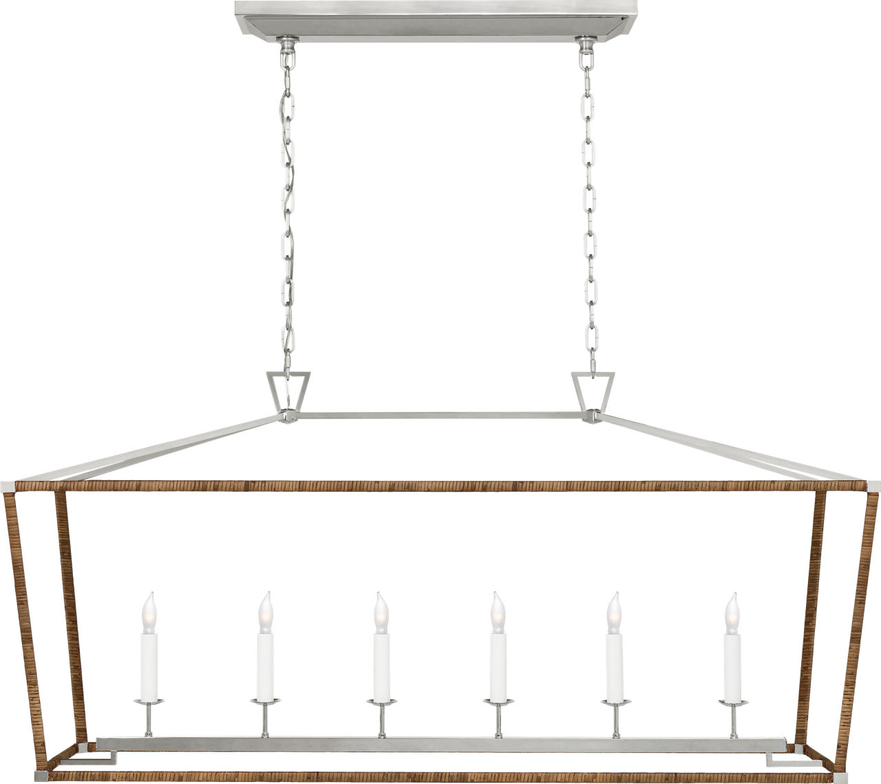 Darlana Large Rattan Wrapped Linear Lantern in Polished Nickel and Natural Rattan