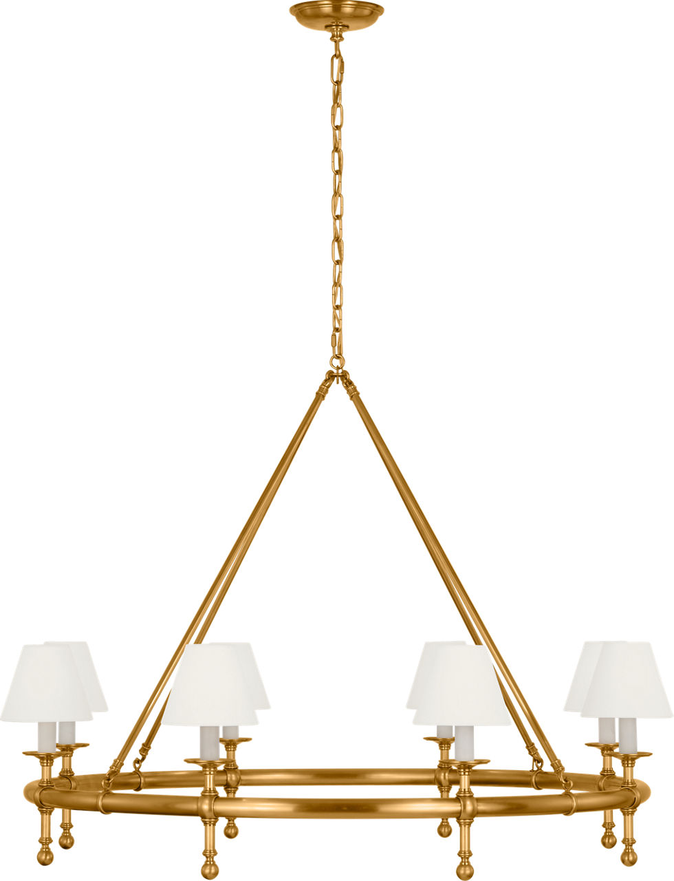 Classic 42" Ring Chandelier in Antique-Burnished Brass with Linen Shades