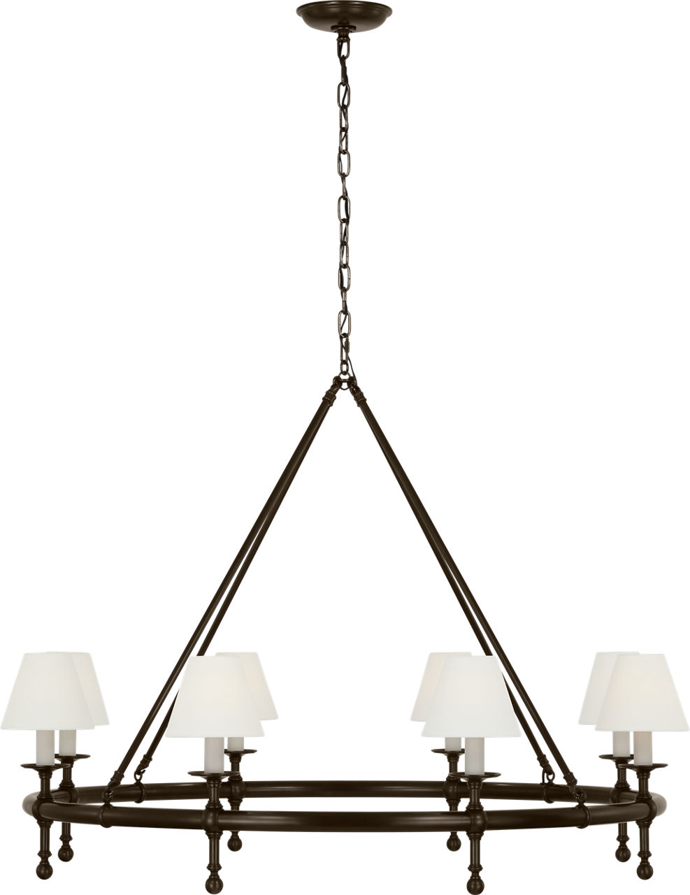 Classic 42" Ring Chandelier in Bronze with Linen Shades