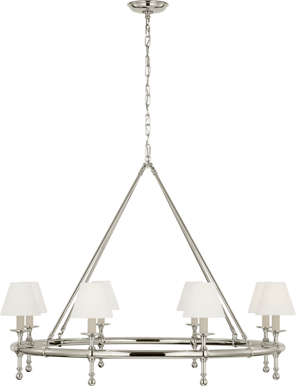 Classic 42" Ring Chandelier in Polished Nickel with Linen Shades