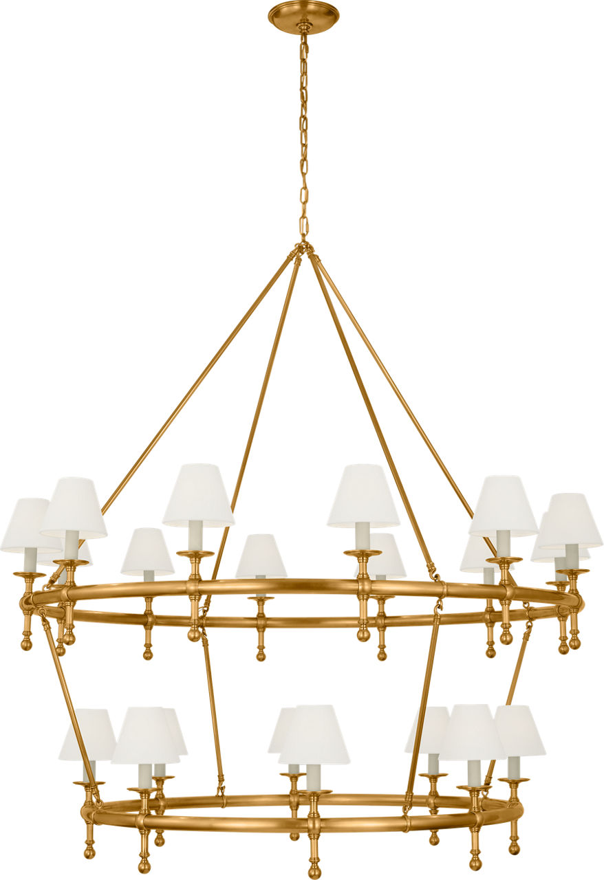 Classic 54" Two-Tier Ring Chandelier in Antique-Burnished Brass with Linen Shades
