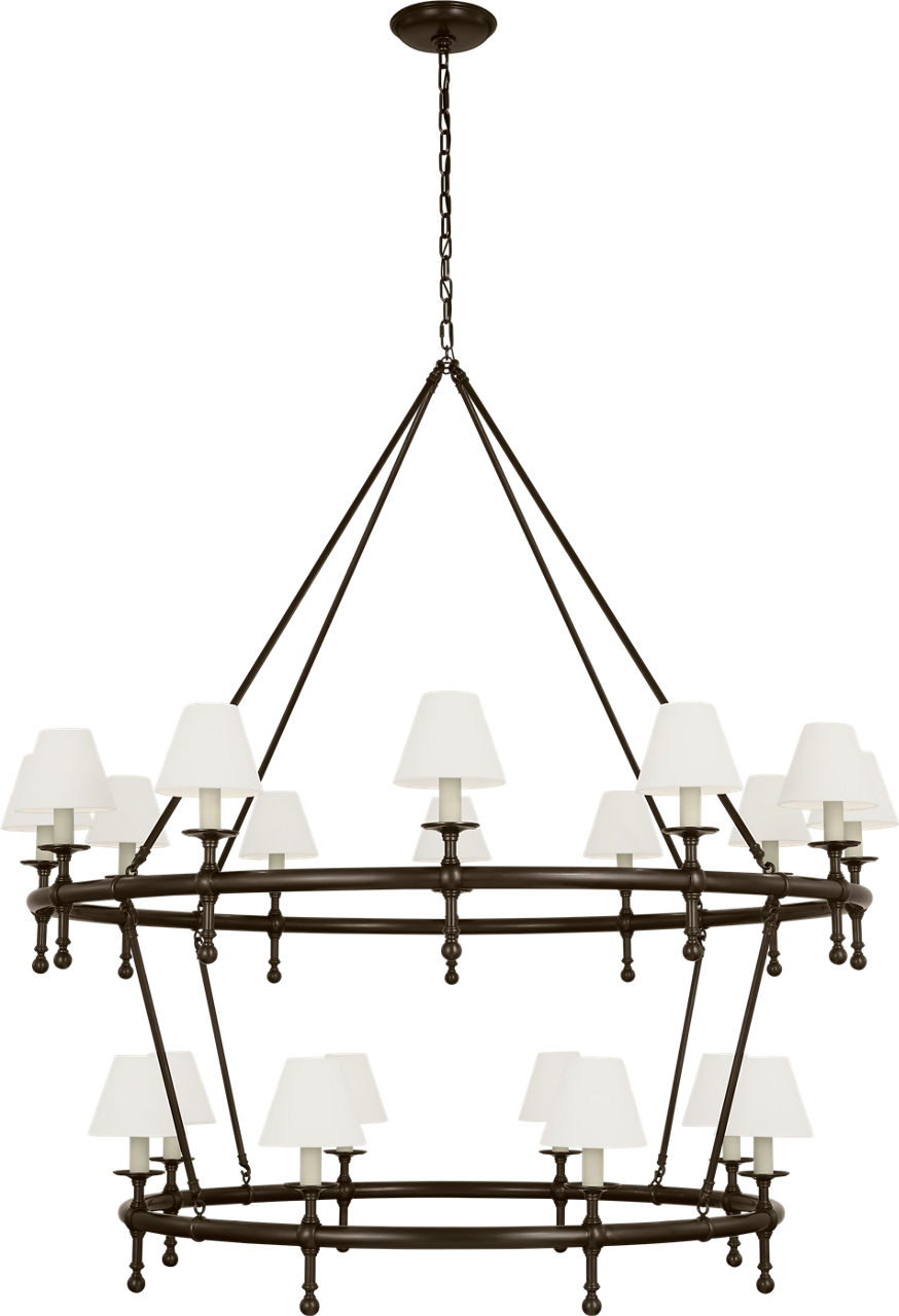 Classic 54" Two-Tier Ring Chandelier in Bronze with Linen Shades