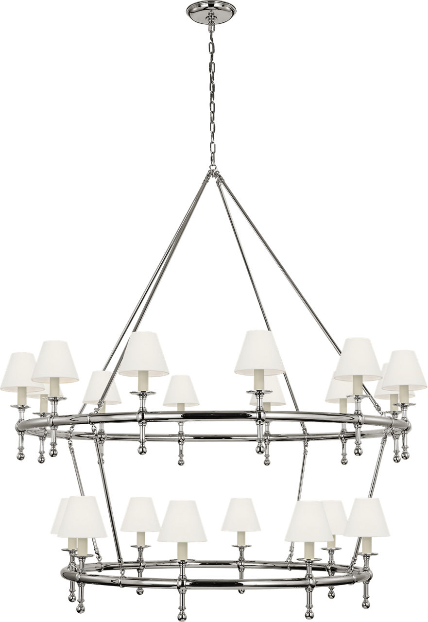 Classic 54" Two-Tier Ring Chandelier in Polished Nickel with Linen Shades