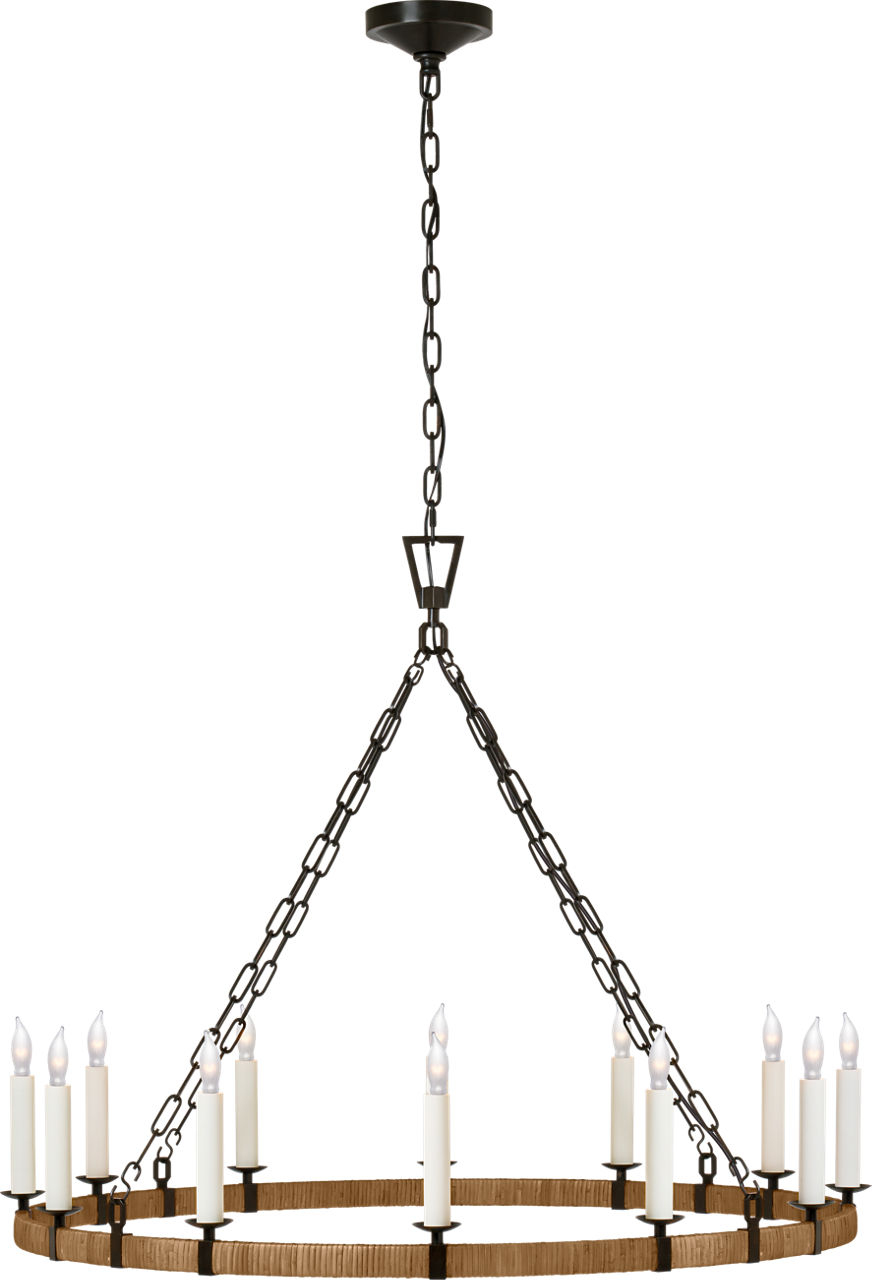 Darlana Large Wrapped Ring Chandelier in Aged Iron and Natural Rattan