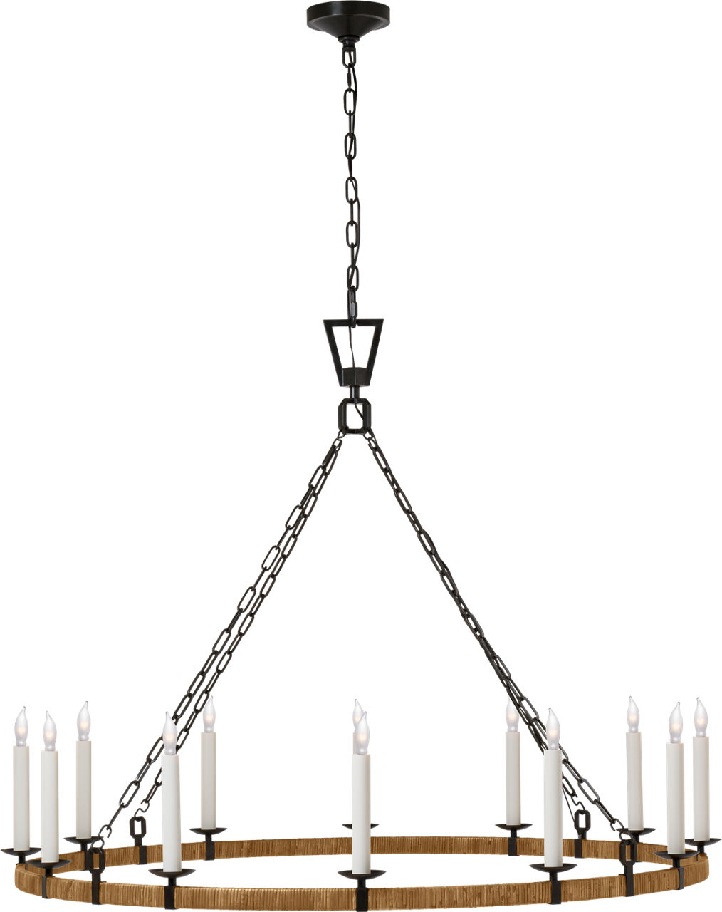 Darlana XL Wrapped Ring Chandelier in Aged Iron and Natural Rattan