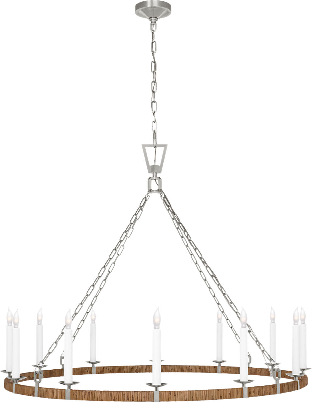 Darlana XL Wrapped Ring Chandelier in Polished Nickel and Natural Rattan