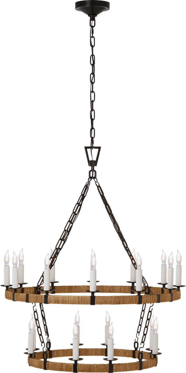 Darlana Medium Two Tier Chandelier in Aged Iron and Natural Rattan