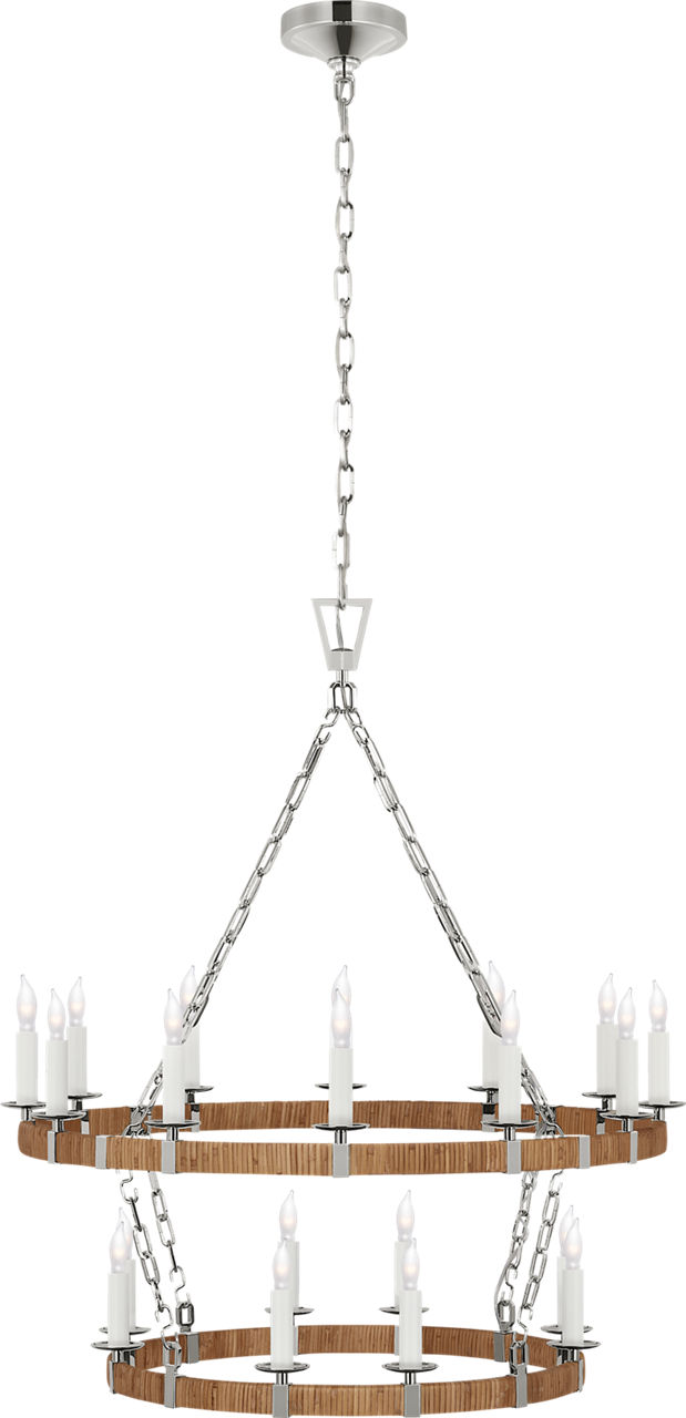 Darlana Medium Two Tier Chandelier in Polished Nickel and Natural Rattan