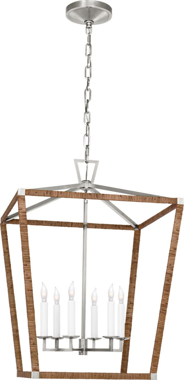 Darlana Large Wrapped Lantern in Polished Nickel and Natural Rattan