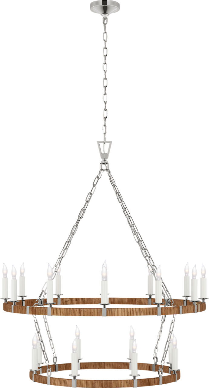Darlana Large Two Tier Chandelier in Polished Nickel and Natural Rattan