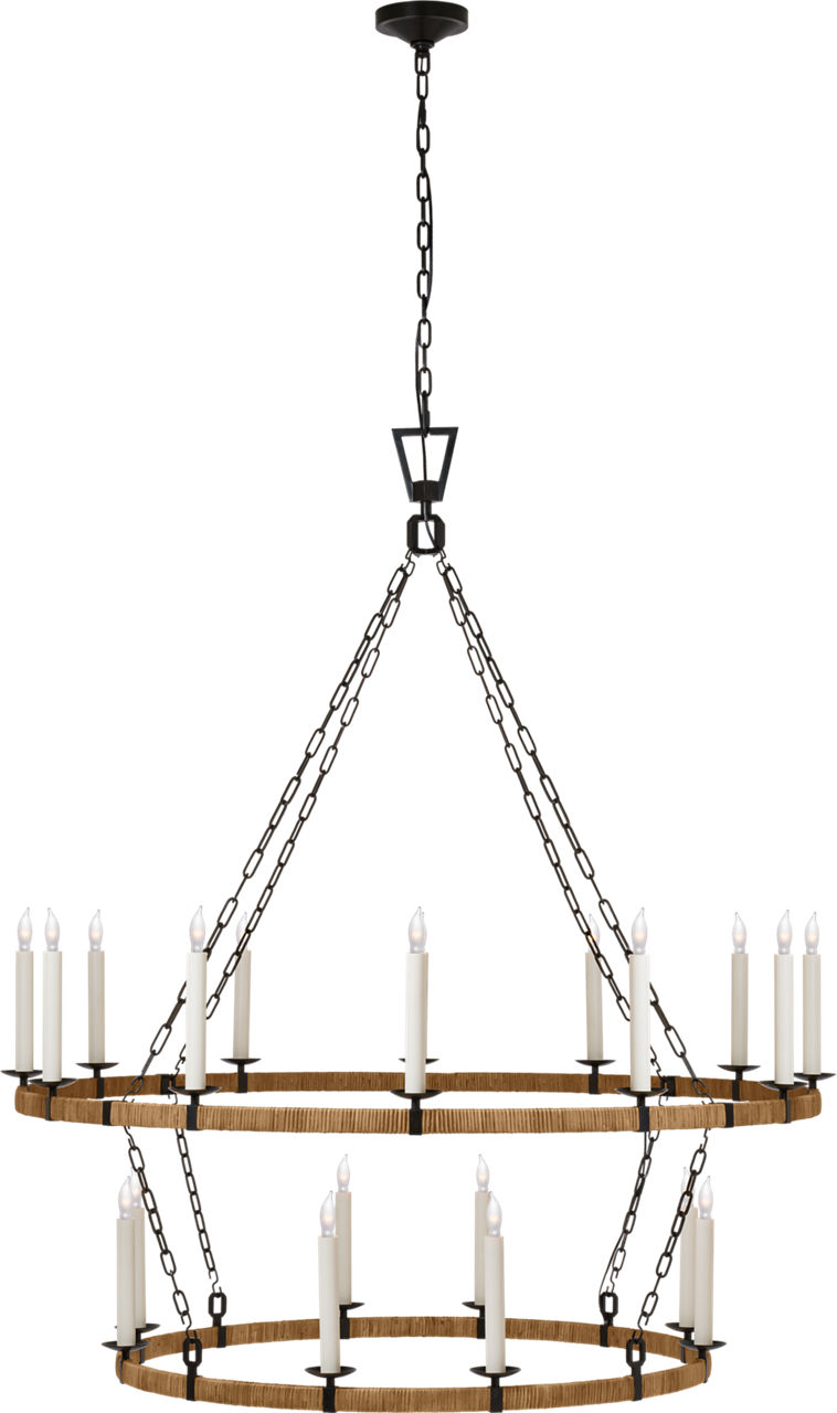 Darlana Extra Large Two Tier Chandelier in Aged Iron and Natural Rattan