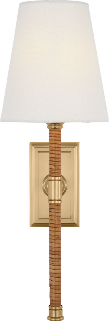 Basden 16" Tail Sconce in Antique-Burnished Brass and Natural Rattan with Linen Shade