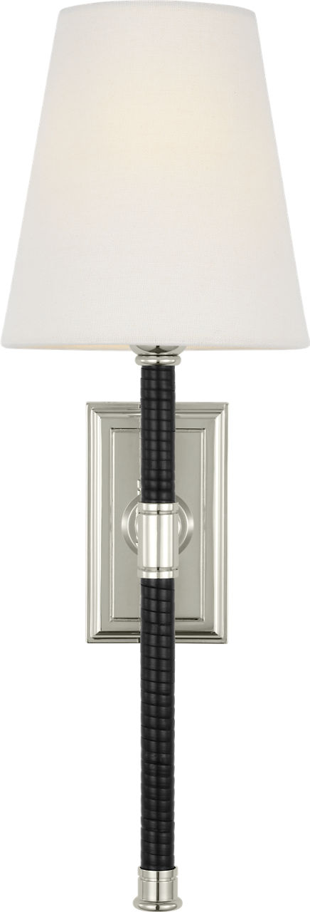 Basden 16" Tail Sconce in Polished Nickel and Black Rattan with Linen Shade