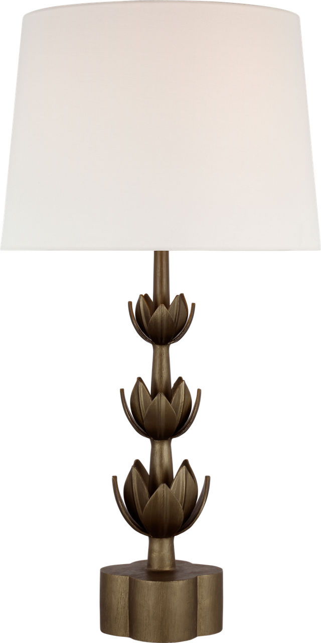 Alberto Large Triple Table Lamp in Antique Bronze Leaf with Linen Shade