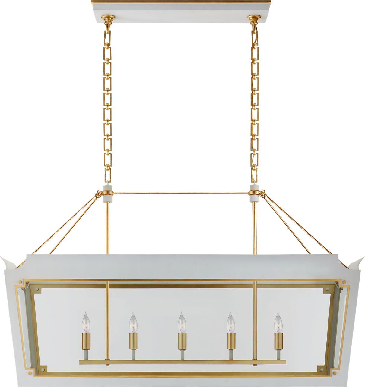 Caddo Medium Linear Lantern in Soft White and Gild with Clear Glass