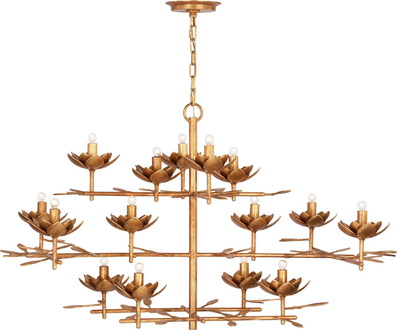 Clementine 48" Low Wide Tiered Chandelier in Antique Gold Leaf