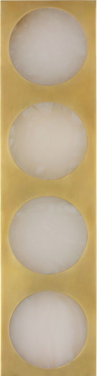The Dichotomy sconce combines antique-burnished brass with luminous alabaster shades, creating a refined statement piece. Its 18-inch width and 4-light configuration provide substantial illumination while maintaining elegant proportions. - alternate view