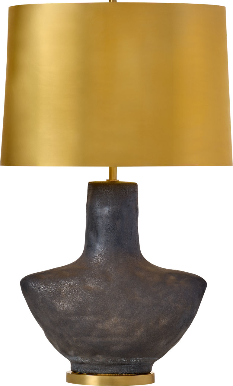 Armato Small Table Lamp in Stained Black Metallic Ceramic with Oval Antique-Burnished Brass Shade