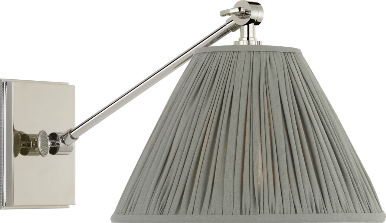 Wimberley Single Library Wall Light in Polished Nickel with Blue Linen Pleated Shade