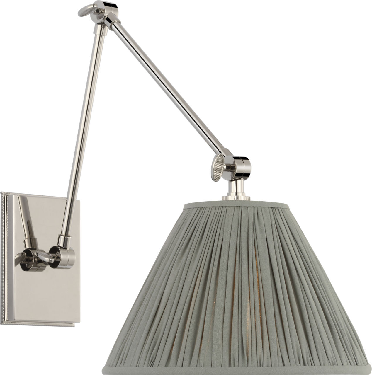 Wimberley Double Library Wall Light in Polished Nickel with Blue Linen Pleated Shade