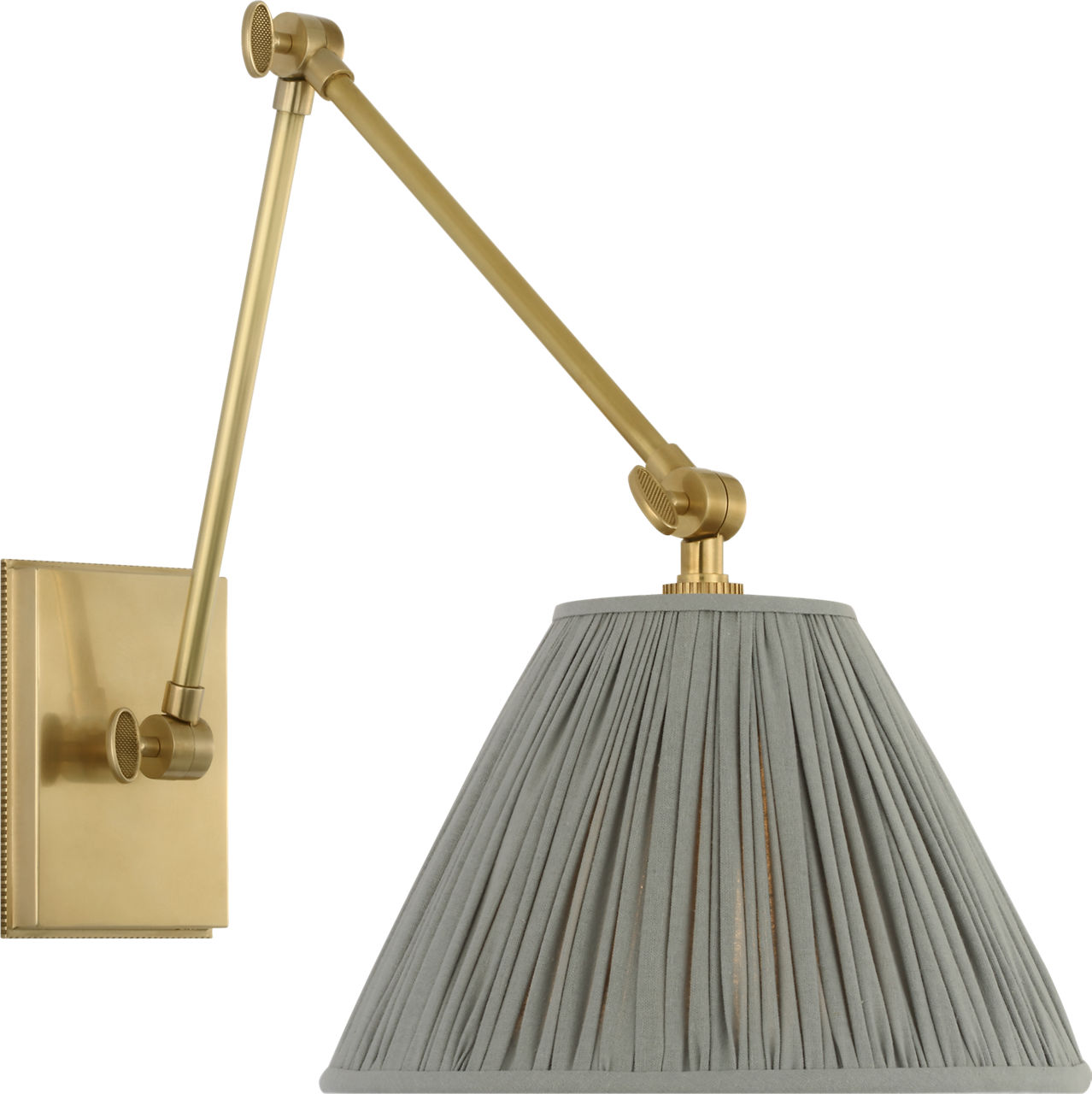 Wimberley Double Library Wall Light in Soft Brass with Blue Linen Pleated Shade