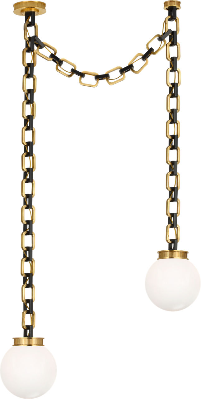 Bellamy 2 Light Statement Chain 8" Globe Chandelier in Soft Brass and Bronze with White Glass