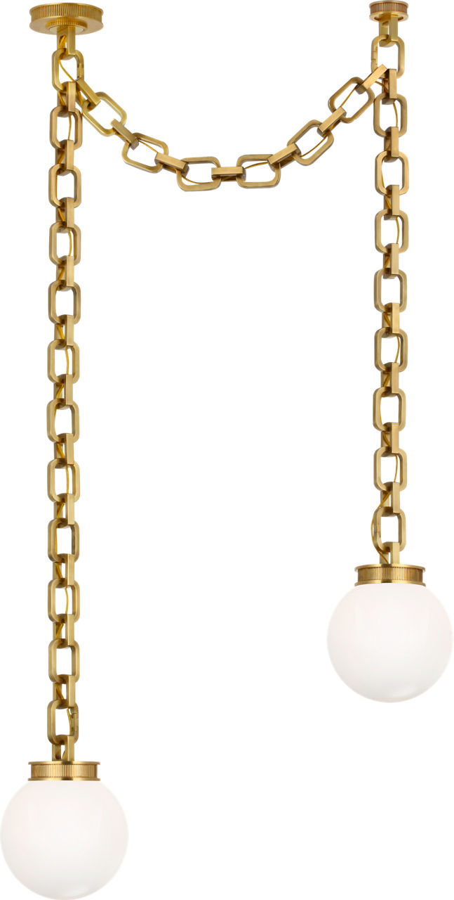 Bellamy 2 Light Statement Chain 8" Globe Chandelier in Soft Brass with White Glass