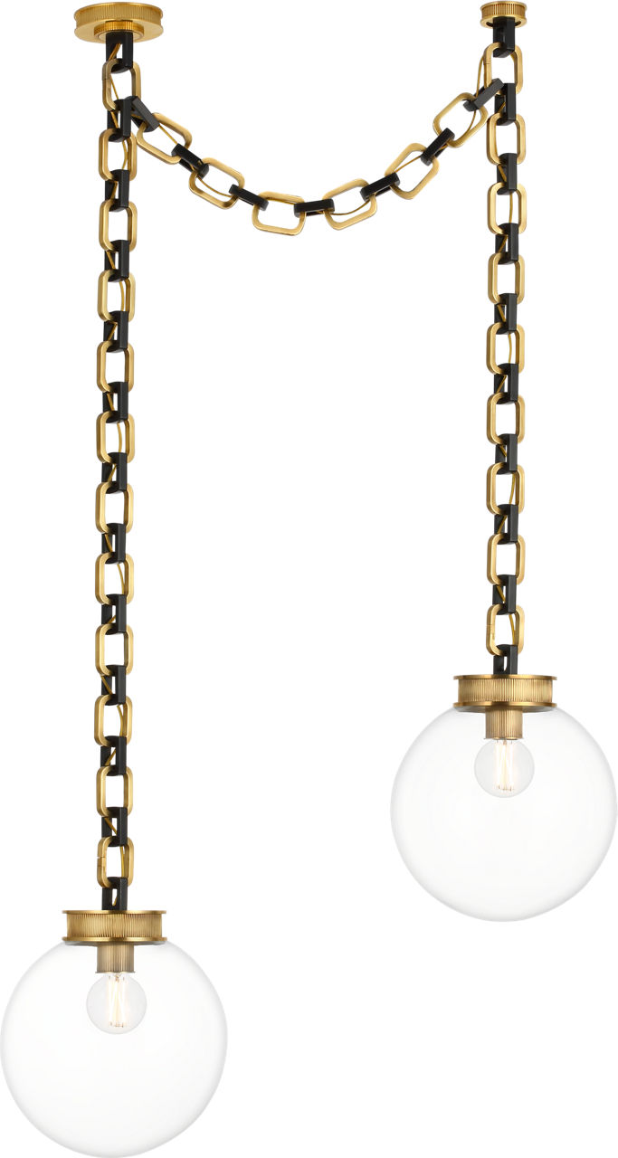 Bellamy 2 Light Statement Chain 12" Globe Chandelier in Soft Brass and Bronze with Clear Glass