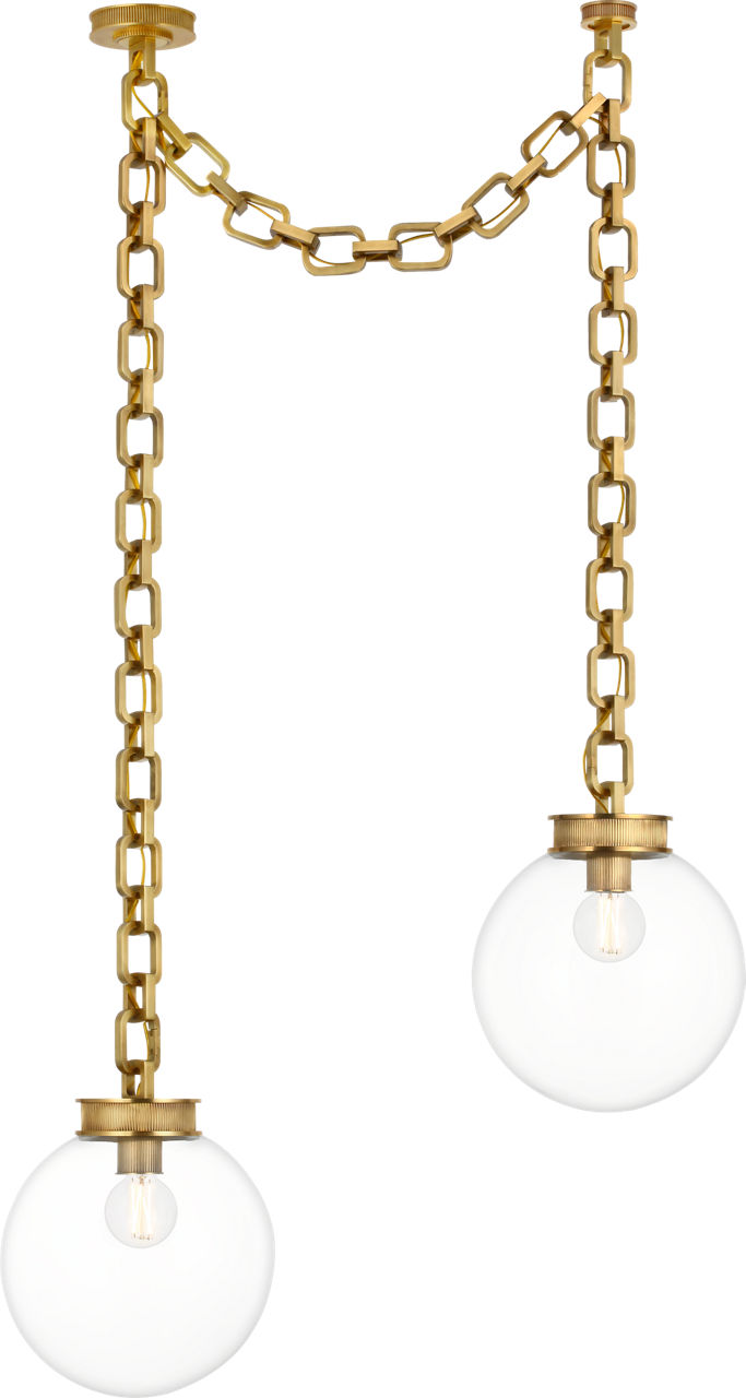 Bellamy 2 Light Statement Chain 12" Globe Chandelier in Soft Brass with Clear Glass