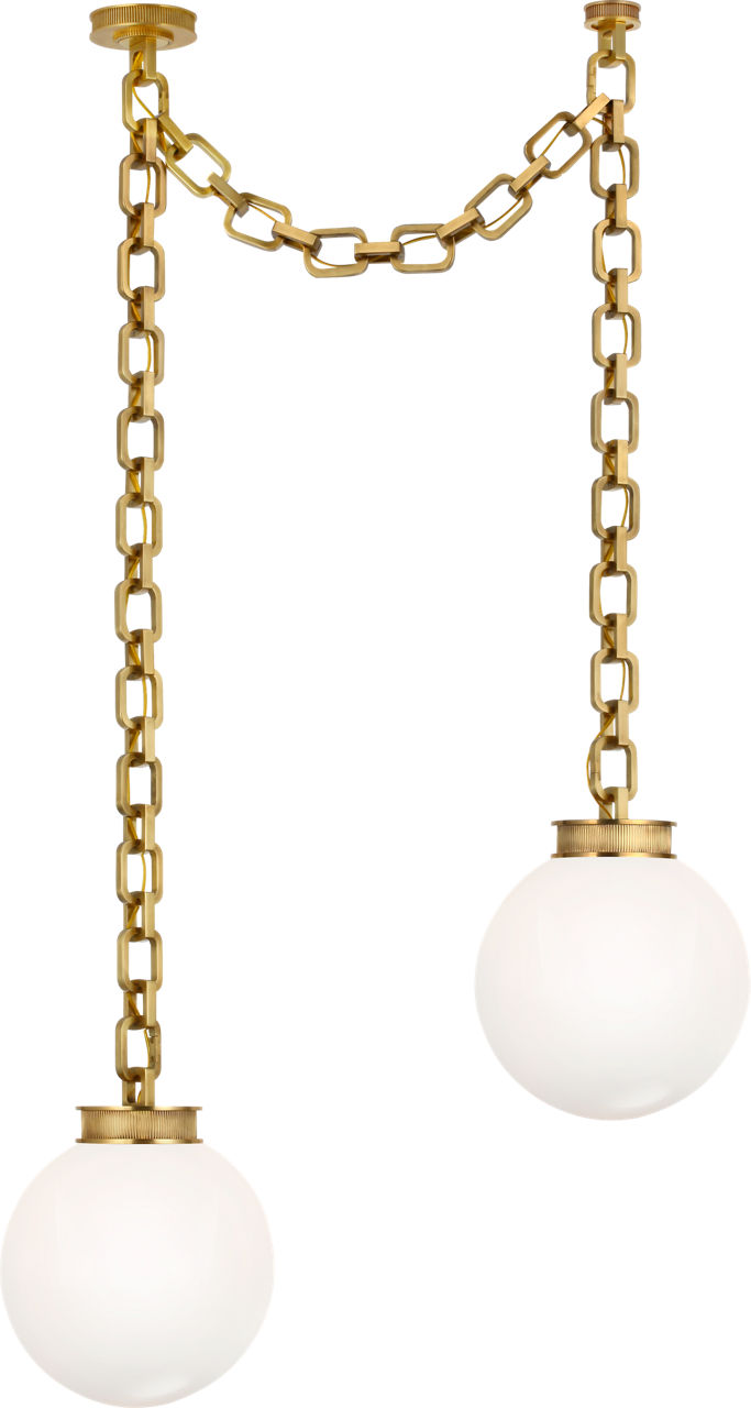 Bellamy 2 Light Statement Chain 12" Globe Chandelier in Soft Brass with White Glass
