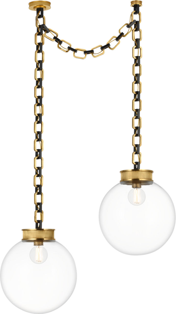 Bellamy 2 Light Statement Chain 16" Globe Chandelier in Soft Brass and Bronze with 16" Clear Glass