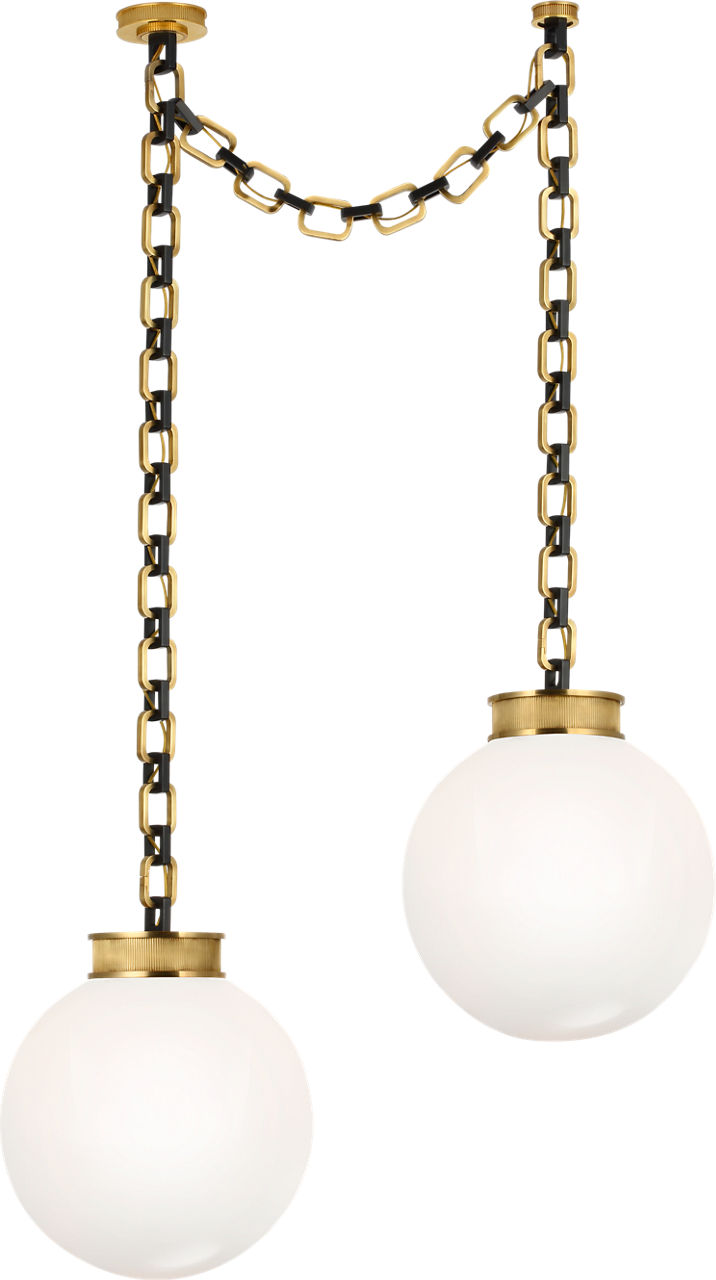 Bellamy 2 Light Statement Chain 16" Globe Chandelier in Soft Brass and Bronze with White Glass