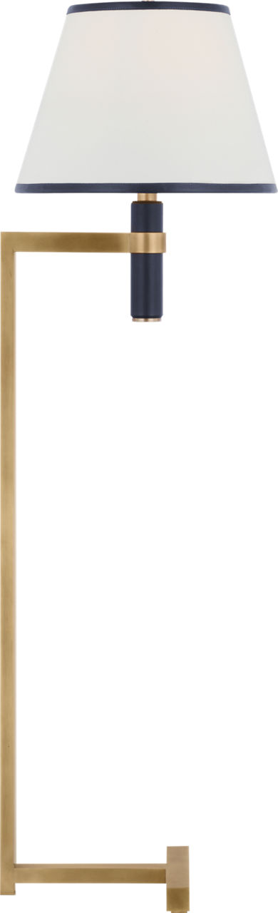 Hedger 55" Floor Lamp in Natural Brass and Navy with Linen Shade and Navy Leather Trim