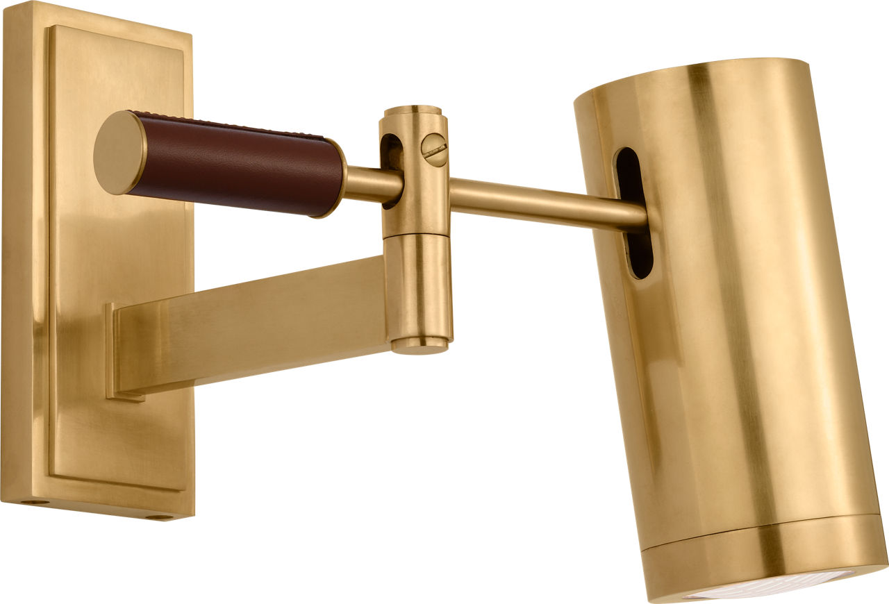 Grant 8" Articulating Wall Light in Natural Brass and Saddle Leather with Industrial Prismatic Glass