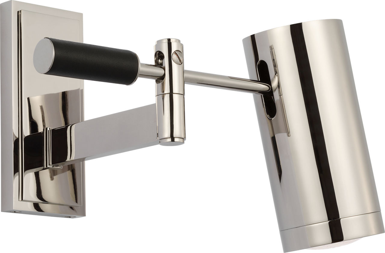 Grant 8" Articulating Wall Light in Polished Nickel and Chocolate Leather with Industrial Prismatic Glass