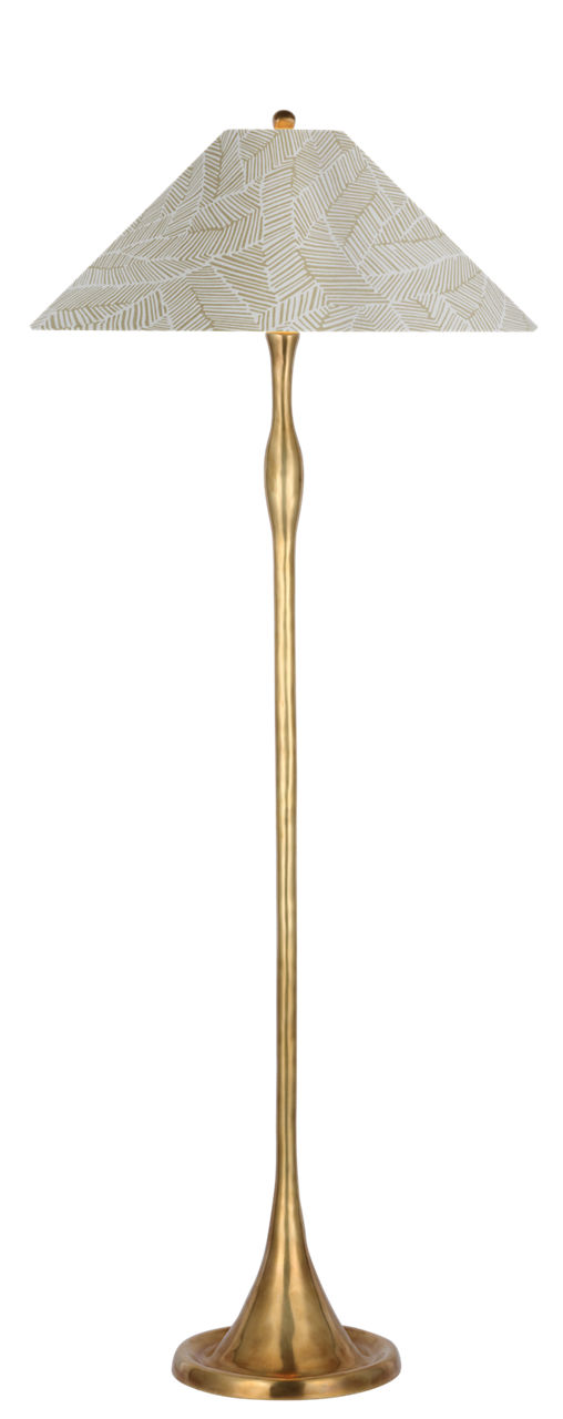 Romero Medium Floor Lamp in Hand-Rubbed Antique Brass with Schumacher 21" Taupe Abstract Leaf Flare Shade