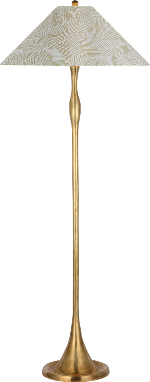 Romero Medium Floor Lamp in Hand-Rubbed Antique Brass with Schumacher 21" Taupe Abstract Leaf Flare Shade