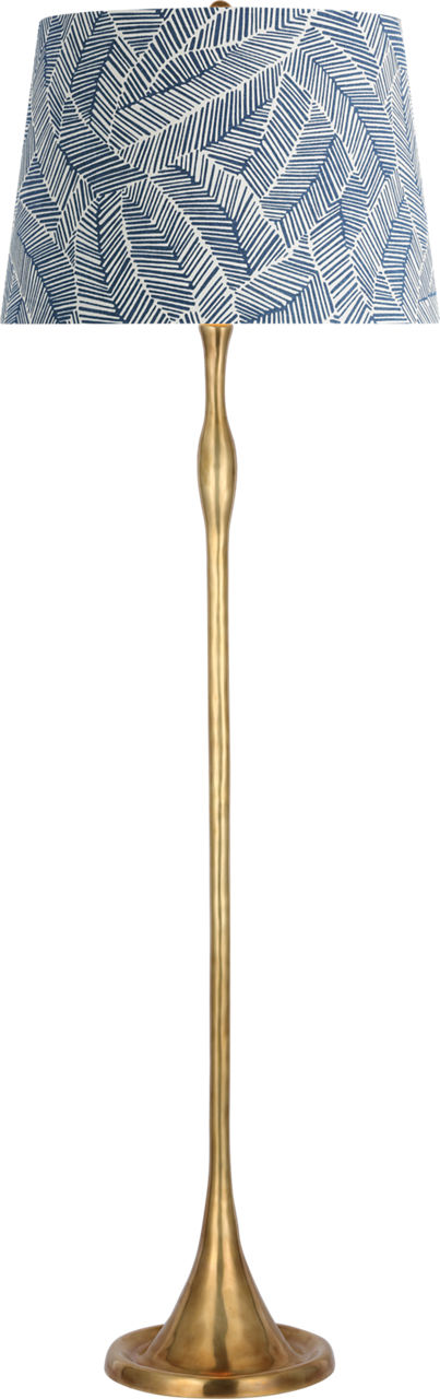 Romero Medium Floor Lamp in Hand-Rubbed Antique Brass with Schumacher 18" Navy Abstract Leaf Empire Shade