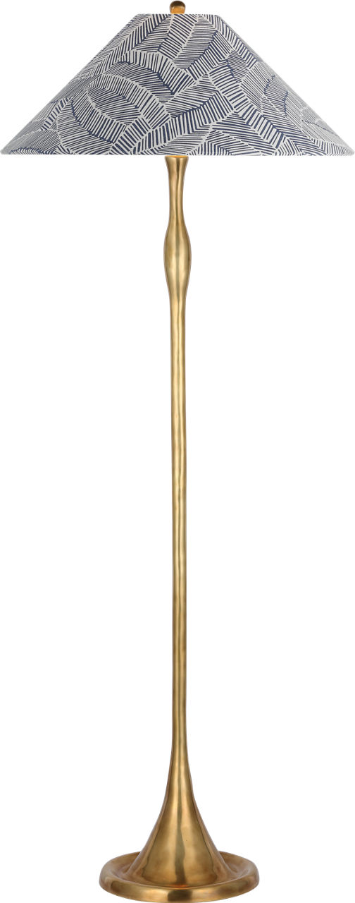 Romero Medium Floor Lamp in Hand-Rubbed Antique Brass with Schumacher 21" Navy Abstract Leaf Flare Shade