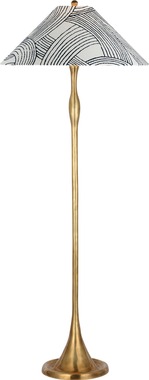 Romero Medium Floor Lamp in Hand-Rubbed Antique Brass with Schumacher 21" Blue Freeform Flare Shade